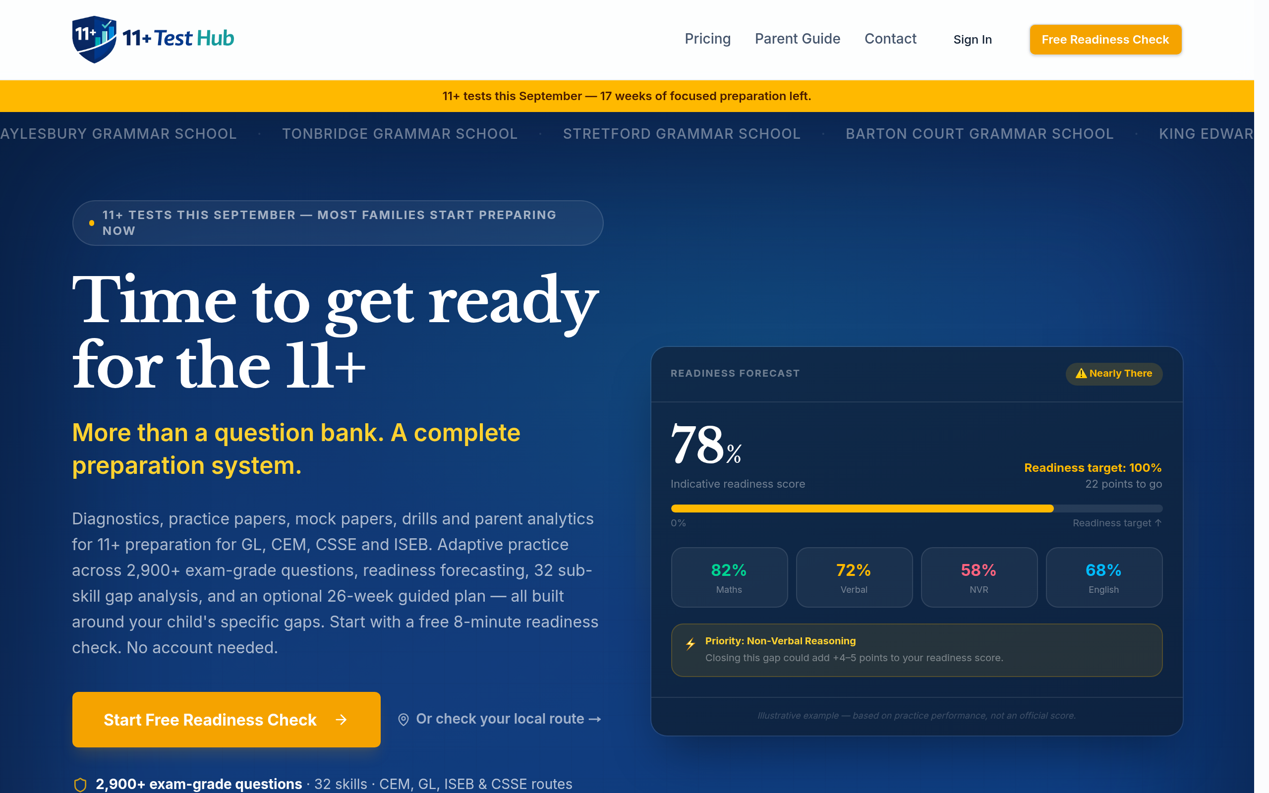 Homepage screenshot for 11 Plus Test Hub